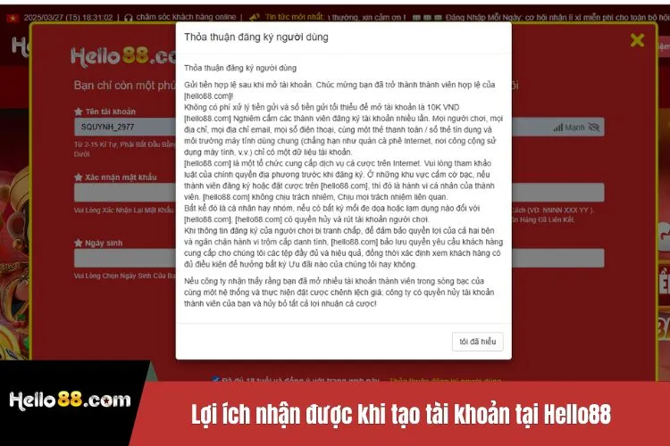 Lợi ích nhận được khi tạo tài khoản tại Hello88